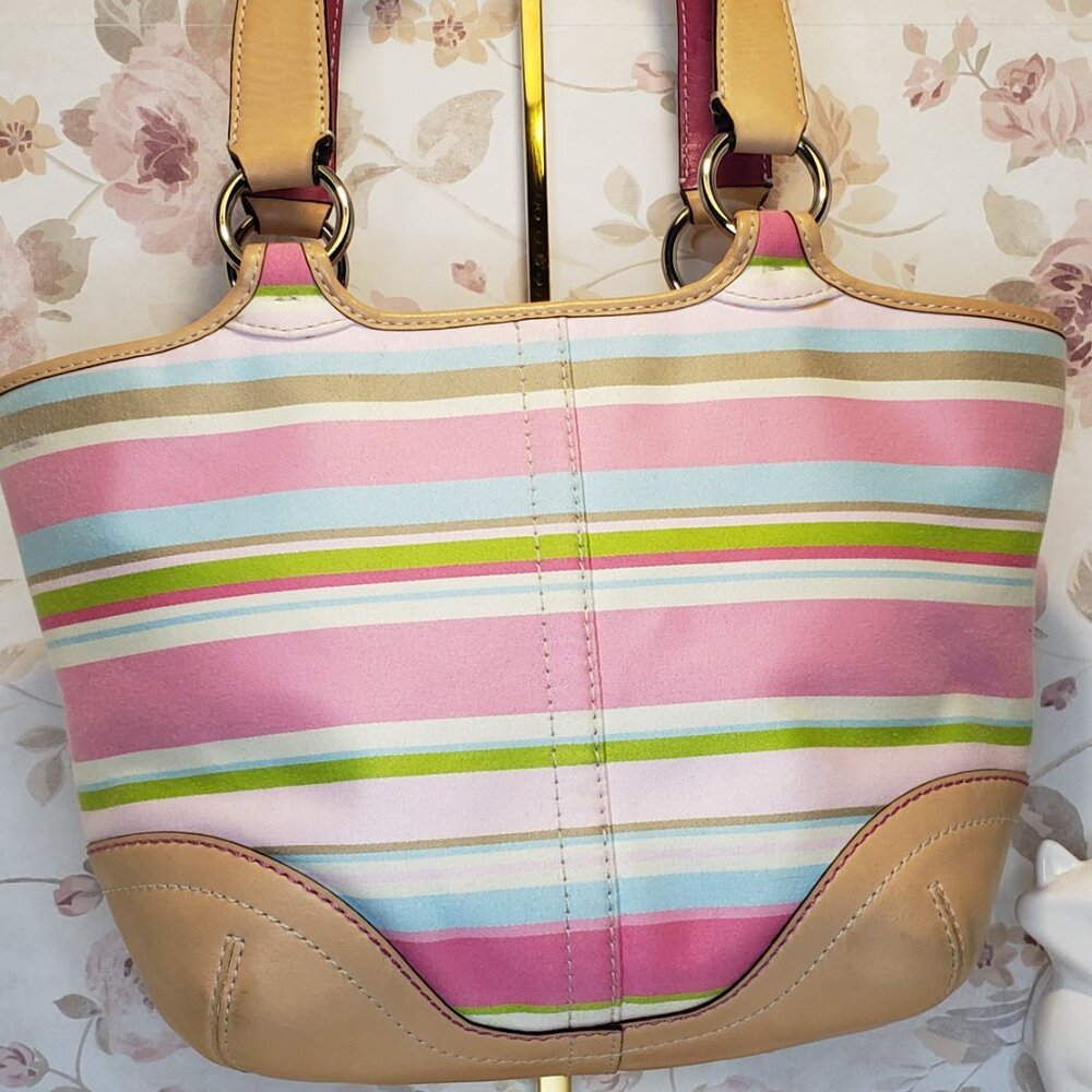 Vintage COACH 1889 Hampton Soho Multi-color Striped Canvas & Leather Buckle Tote - Picture 3 of 13